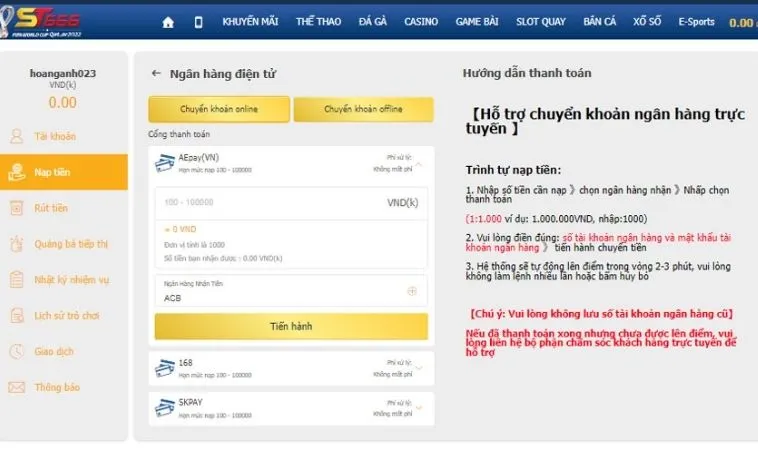 Giao diện nạp tiền ST666